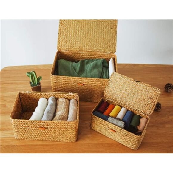 Shelf Baskets with Lid Set of 3, Handwoven Seagrass Storage Bins Box Rectangular - Picture 6 of 7